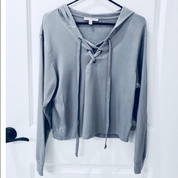 Express Tops - Express One-Eleven Cropped Lace-up Hoodie SP Gray